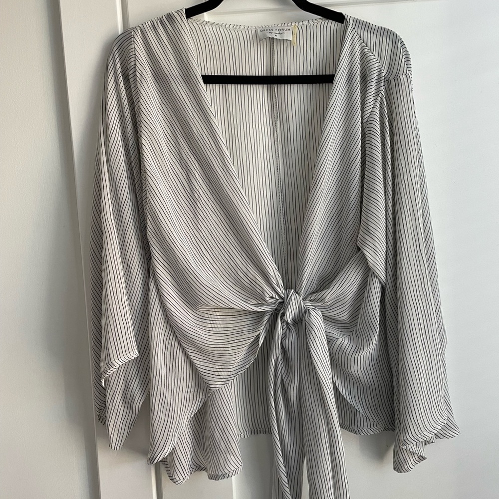 black & white stripe tie front blouse